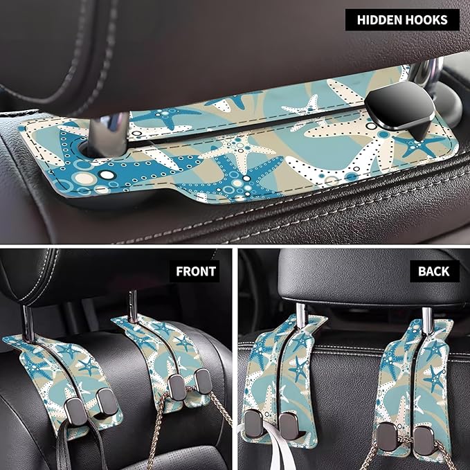 Car Seat Back Storage Headrest Hook, Premium Leather Double Metal Hook, Hanger Storage Organizer for Purse Cloth Bag, Car Interior Accessories Cute Blue Seastar