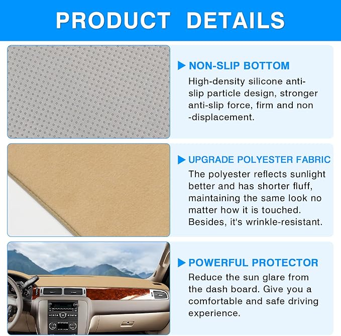 Autorder Beige Dashboard Cover Mat for 2007-2013 Chevy Chevrolet Silverado Sierra, 2007-2014 Chevy Tahoe Suburban Denali Avalanche & GMC Yukon/XL & Only One Glove Box Accessories Polyester Dash Cover