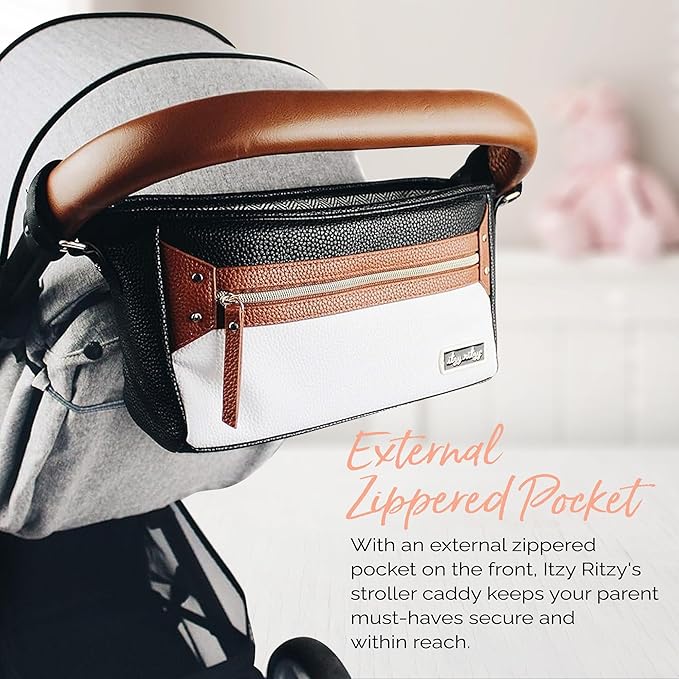 Itzy Ritzy Adjustable Stroller Caddy and Organizer Bag Featuring Front Zippered Pocket, 2 Built-In Interior Pockets & Adjustable Straps to Fit Nearly Any Stroller (Coffee and Cream)