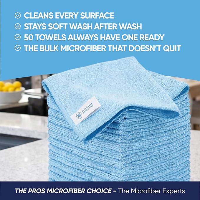 Microfiber Wholesale 16" x 16" All Purpose Towels - 50 Pack - Reusable Wash Cloths, Dust, Kitchen, Car, Shop Rags for Cleaning (Blue)