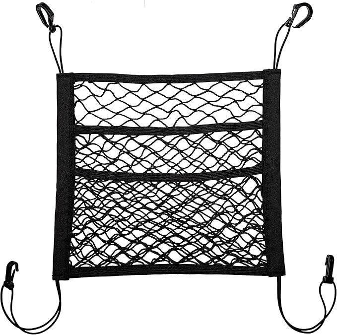 3 Layer Car Mesh Organizer Between Front Seats, Pet Dog Kid Net Barrier Car Net Pocket Elastic Storage Bag Tissue Purse Holder for SUV Truck Van, 15.7 x 13.7 Inch
