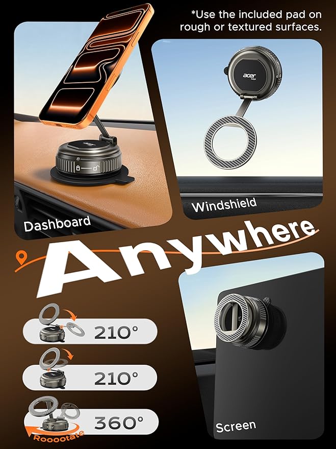 Acer Gadget Car Phone Mount, MagSafe Phone Holders for Your Car [5000gf Magnetic Hold] 360° Adjustable Holder for Cell Phone, Car Accessories for Women Men for iPhone 17 16 15 14 13, Carbon Fiber-Grey