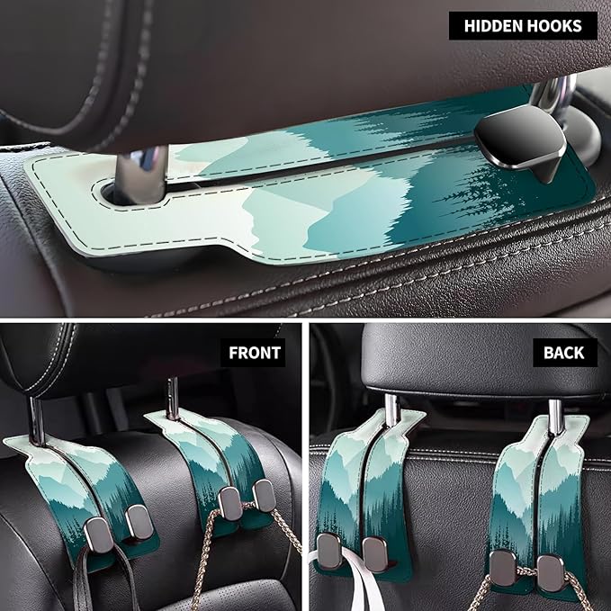 Car Seat Back Storage Headrest Hook, Premium Leather Double Metal Hook, Hanger Storage Organizer for Purse Cloth Bag, Car Interior Accessories Beautiful Blue Mountain