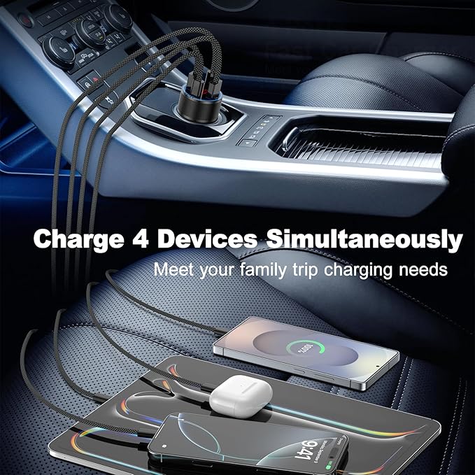 USB C Car Charger,2Pack 65W 4 Port Fast Charging Car Phone Charger with Voltage Display,Multi Port Cigarette Lighter Adapter USB Chargers for iPhone 17 16 15 14 Pro Max,Galaxy S25,iPad,Pixel,Android