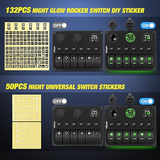 Nilight 6 Gang Rocker Switch Panel Waterproof Pre-Wired Aluminum Panels with PD Type C and USB Cigarette Lighter Socket Voltmeter 12V 24V ON Off Switches for Car Trucks Boats RVs Green