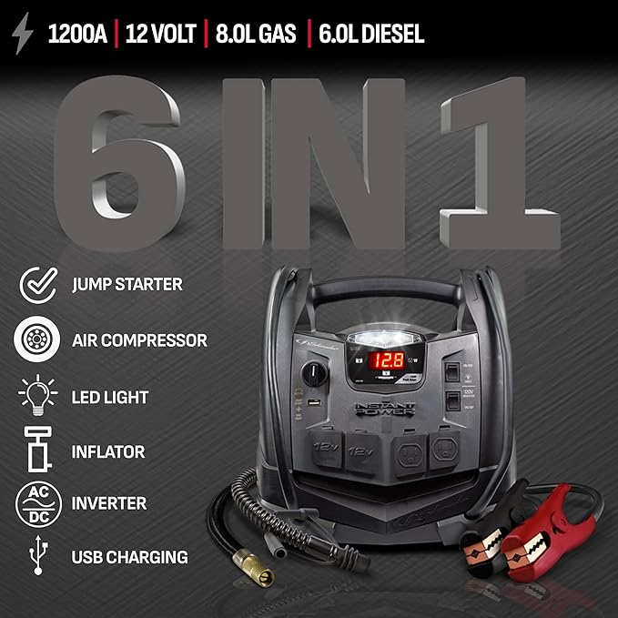 Schumacher Electric 1200A Car Battery Jump Starter and Portable Power Station, 6-in-1 Solution for 12V Batteries, 150-PSI Air Compressor, 200 Continuous/400 Peak Watt Inverter, SJ1332