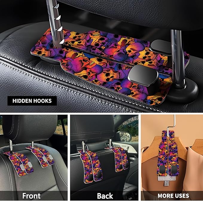 Car Seat Headrest Hook, Universal Leather Cute Hanger Holder Hook, Storage Organizer Interior Accessories for Purse Bags Handbag Luxury Purple Skulls