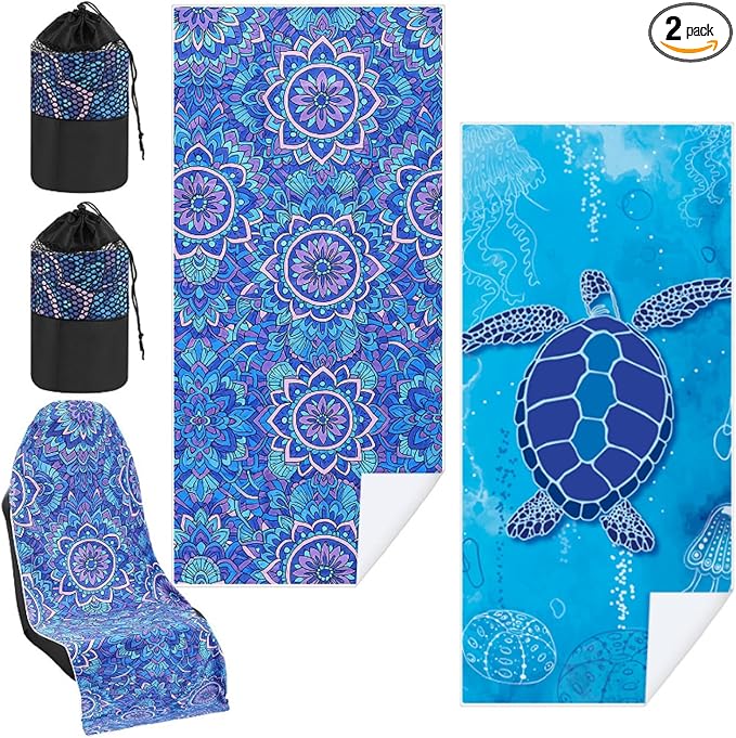 Hahafelt 2 Pack Car Seat Towel Covers with Storage Bag 63 x 32 Inch Athletic Running Towel Seat Sweat Washable Non Slip Cover Gift for Car Outdoor Sport Activities (Sea Turtles,Mandala)