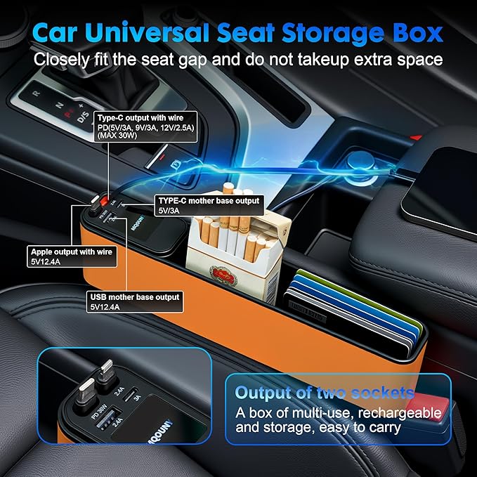 MQOUNY Car Seat Gap Filler with Retractable Car Charger, 36W Cars Adapter USB C Fast Charger for iPhone 17 Pro Max 16 14 13, Multifunctional Seat Side Gap Filler,Car Accessories Birthday Gifts
