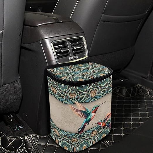 Talayituse Boho Mandala Hummingbird Print Car Trash Can, Portable Auto Garbage Bin Multifunctional Vehicle Interior Accessories with Adjustable Straps Universal Fit Truck SUV Sedan