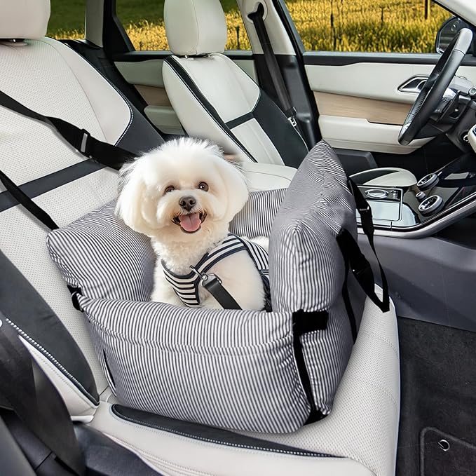 Dog Car Seats for Small Dogs, Small Dog Bed Under 15 lbs, Puppy Car Seat for Travel, Elevated Pet Seat with Safety Belt, Non-Slip Base, and Storage Pockets (Navy)