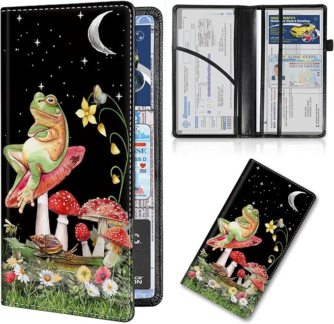 Car Registration and Insurance Card Holder, Premium PU Leather Vehicle Wallet Cover for Glove Box Car Organizer Drivers License/Cards/ID Essentials Document Holder, Aesthetic Mushroom Frog