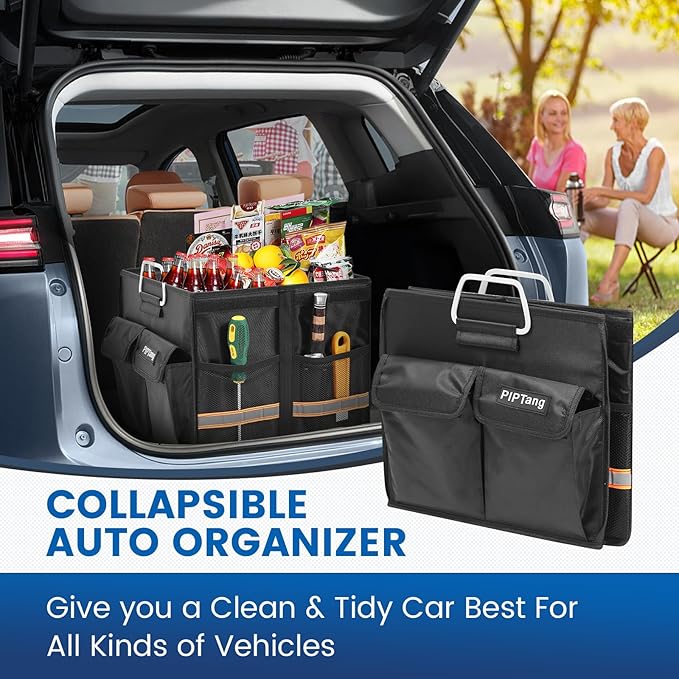 Trunk Storage Organizer with Lid, 35cm Small 36L Collapsible Car Trunk Organizer,Small Car Organizer Aluminium Handle, Car Accessories for Sedan Auto SUV Truck Minivan Road Emergency Black