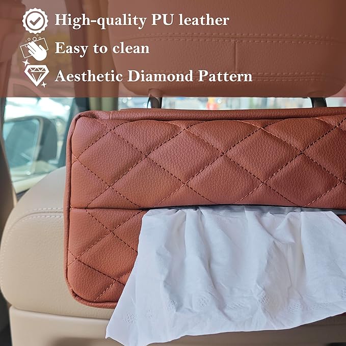 Car Tissue Holder for 120 Standard Tissue,Leather PU Tissues Box Cover for Car Backseat,Extra Large Rectangle Napkin Holder Soft Rectangular,Fits for Kleenex tissues,for Storage& Organization (Brown)