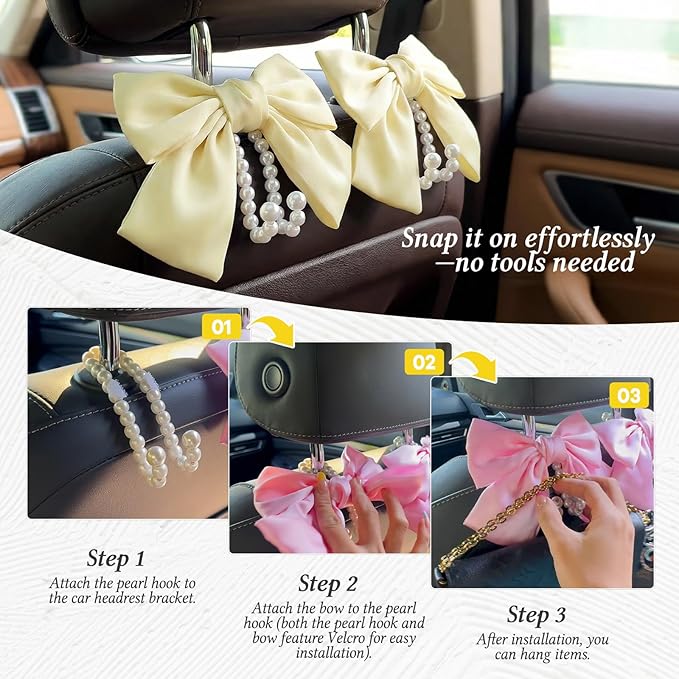 2PCS Satin Bow Pearl Car Seat Headrest Hooks – Car Bag Holder & Vehicle Hanger for Purses – Cute Coquette Aesthetic Interior Decoration – Cute Auto Organizer Accessories Universal (Pearl White)
