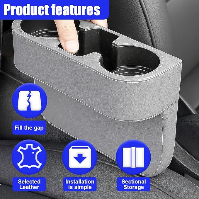 YoRise Car Cup Holder, PU Leather Automotive Cup Drink Holder, Car Seat Gap Filler Storage Box, Multifunctional Front Seat Organizer, Cell Mobile Phone Holder, Coin Bucket (Gray)