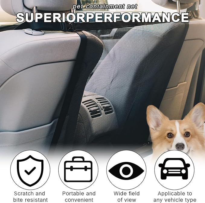 Car Dog Barrier Net Universal Dog Barrier for Car with Adjustable Ropes and Hooks One-Piece Design Mesh for Most Cars, SUVs, Pickups, Trucks and Vans (21x21 Inches)
