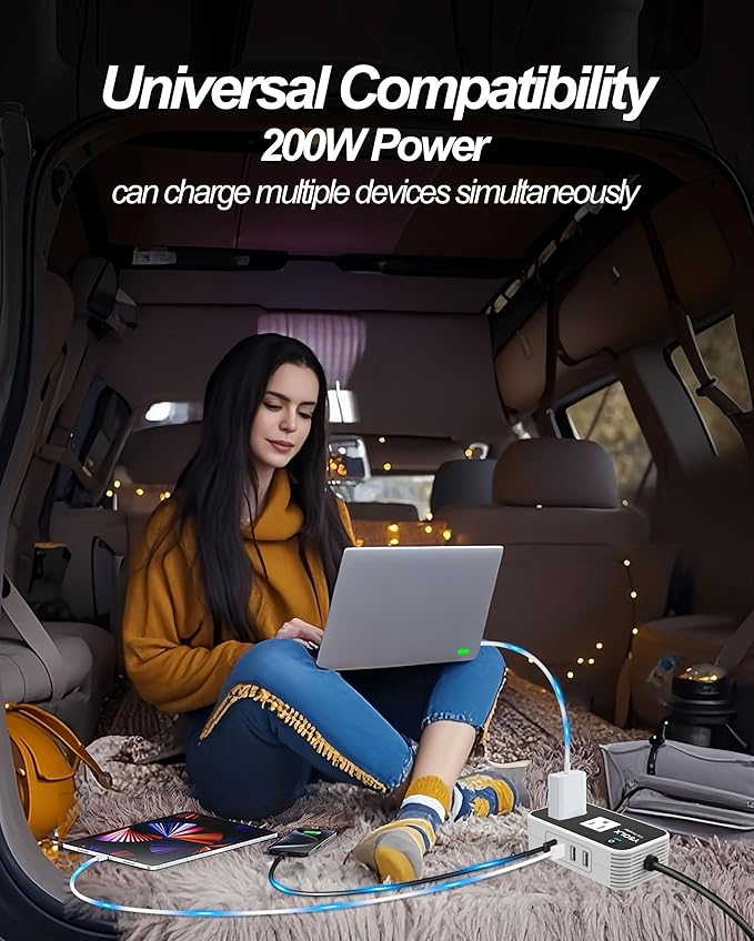 YSOLX 200W Car Power Inverter 12V to 110V for Vehicles, Car Plug Adapter Outlet with 4 USB Fast Charger, Car Charger Cigarette Lighter Adapter for Phone, Laptop on Road Trip