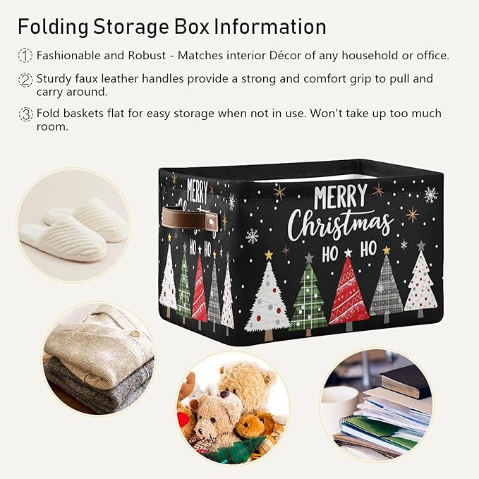 Merry Christmas Tree Black Storage Basket with Waterproof Liner and PU Handles Winter Snowflake Xmas Storage Bins Boxes 14.2" Collapsible Decorative Organizer Baskets for Bedroom Closet Office 1 Pack