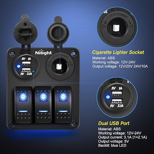 Nilight - 90115C 3 Gang Rocker Switch Panel Waterproof Pre-Wired Aluminum Switch Panel with Dual USB Charger Socket & Cigarette Lighter Socket 12V 24VDC ON Off Switch Panel for Cars Rvs Trucks