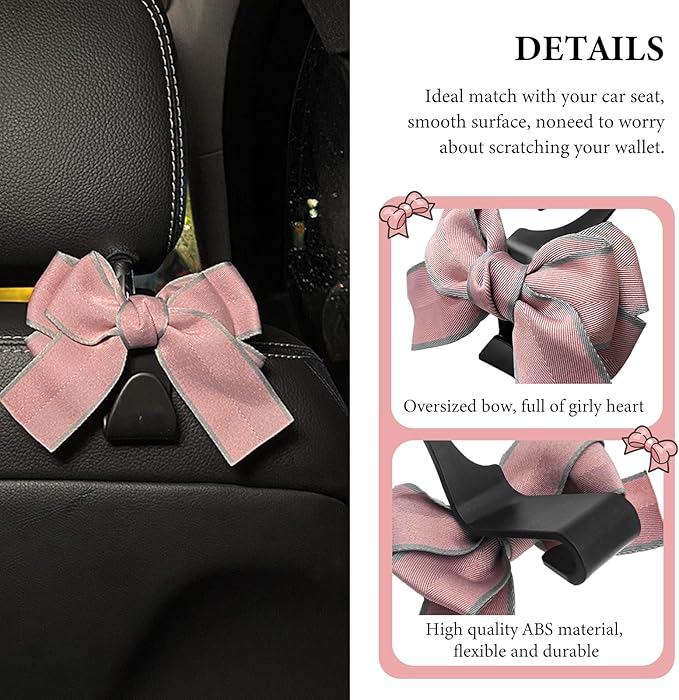 2 PCS Car Seat Headrest Hook, Cute Bowknot Multifunctional Seat Back Hook for Car, Hidden Vehicle Rear Seat Purse Hanger Hook for Women Girls, Car Interior Accessories (Pink)