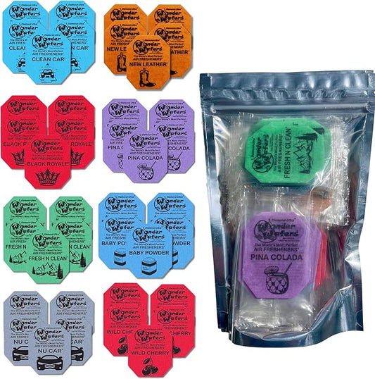 Wonder Wafers 40 Pack Car Air Fresheners- 8 Scent Bundle Variety Pack: Nu Car, Clean Car, New Leather, Wild Cherry, Black Royale, Pina Colada, Fresh 'n Clean, Baby Powder, 5 Individually Wrapped each