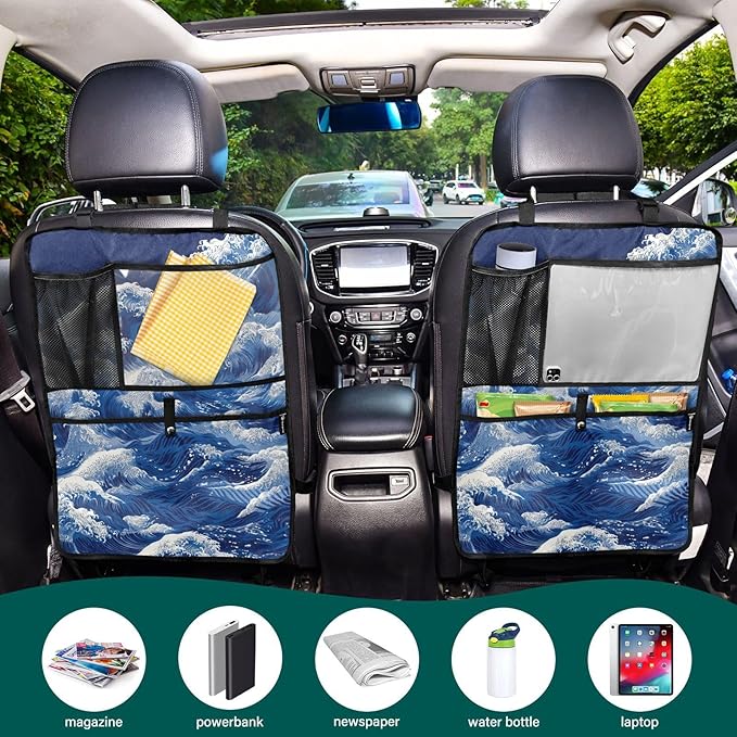 2 Pack Back Seat Car Organizer with Storage Pockets Kick Mats Back Seat Protector Hanging Car Organizer Automotive Seat Back Cover Organizers Japanese Deep Blue Sea Waves
