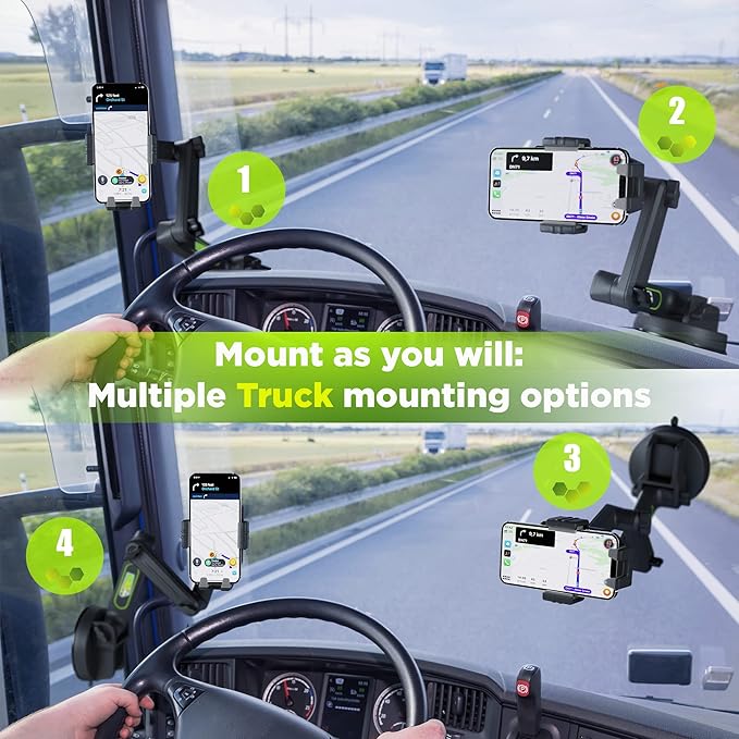 Cell Phone Mount for Truck Phone Holder for Truck Drivers - Heavy Duty Suction Cup + Dashboard Pad, iPhone Holder for Dashboard Window 16.9 inch Long, for iPhone & Samsung, Commercial Trucker, Gray