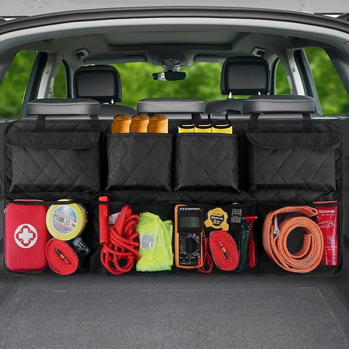 Car Trunk Hanging Organizer 3D Textured (Extra-Long), Cotton-Padded Farewell to Collapse, Reinforced Stitching, Extra-Wide Pocket, Backseat Grocery Storage Bag with 8 Pockets for SUV,Truck,Van