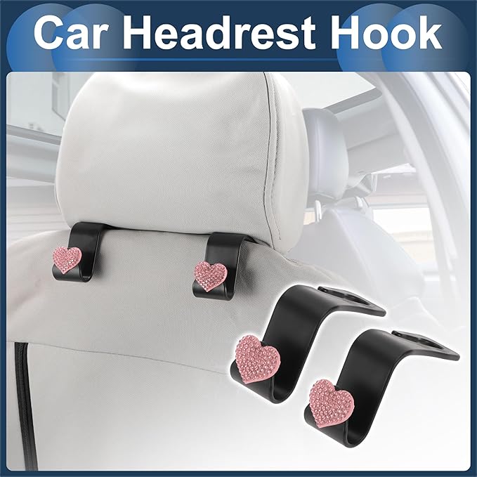 Car Seat Headrest Hook Interior Accessories for Most Car, SUV, Truck Car Seat Back Organizer Hooks Plastic Rhinestone Sturdy Pink 2.4"x1.26"