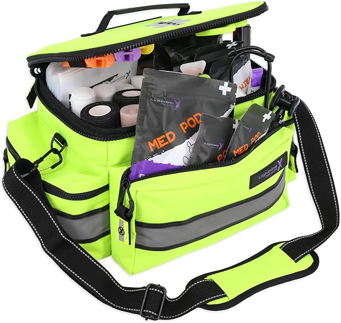Lightning X Mid-Sized First Responder EMT Bag | LXMB25 | Fully Stocked w/ 240+ First Aid, EMS & Trauma Supplies - Fluorescent Yellow