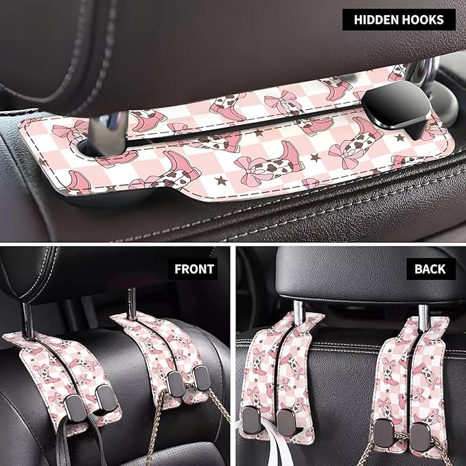 Car Seat Back Storage Headrest Hook, Premium Leather Double Metal Hook, Hanger Storage Organizer for Purse Cloth Bag, Car Interior Accessories Checkered Cow Bowtie