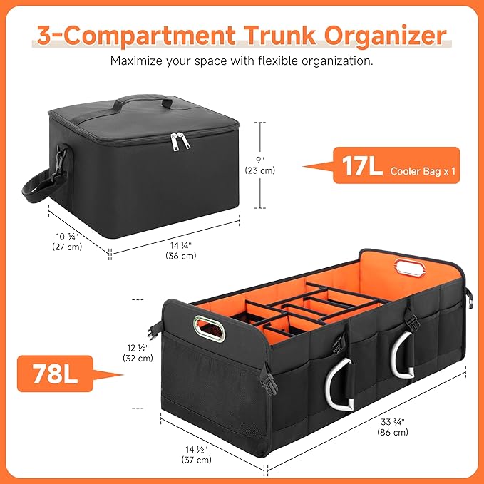 StorageWorks Trunk Organizer for SUV, Multi-Compartment Car Trunk Organizer, Car Organizer and storage with Aluminum Alloy Handle, Large, Black and Orange, 1-Pack