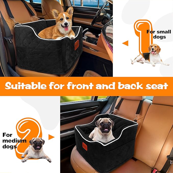 Dog Car Seat for Small Medium Dogs, Detachable Washable Dogs Booster Seat Under 35lbs, Elevated Dog Car Bed with Storage Pockets (Black, One Size)