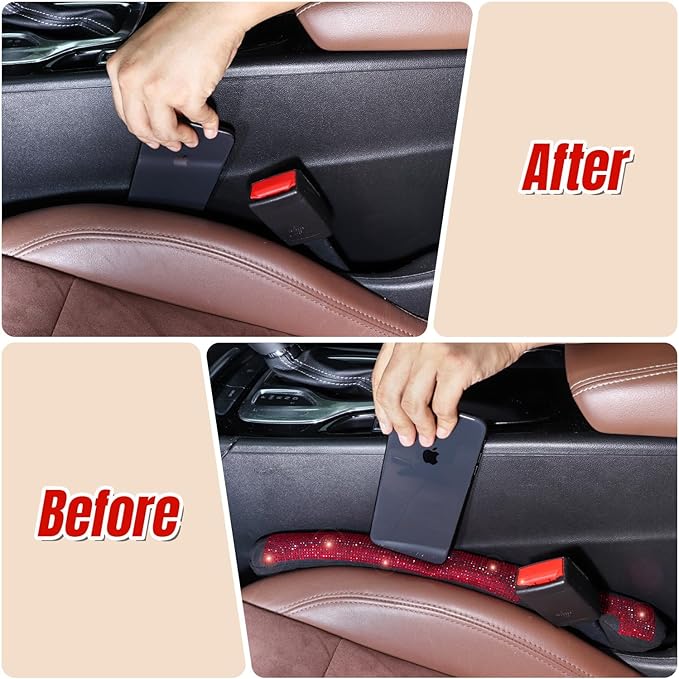 Briwill Bling Seat Gap Filler for Car - 2 Pack Crystal Rhinestone Diamond Red Bling Car Accessories for Women, Gap Blocker Universal fit for Trucks, SUVs, Car Interior Accessories, (Red)