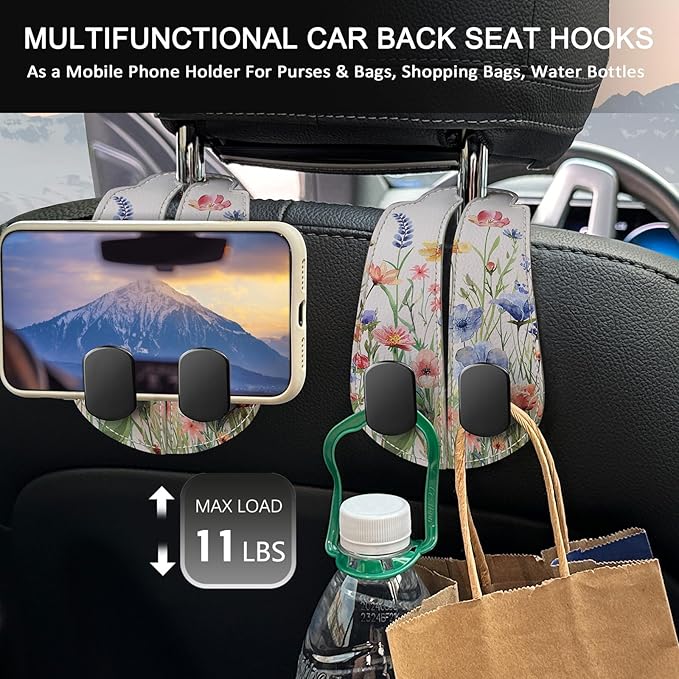 Blusabaca 2PCS Car Seat Back Storage Headrest Hooks, Floral Flowers Purse Holder Bags Hanger, PU Leather Double Metal Hook for Backseat Organizer, Women Car Accessories Organization