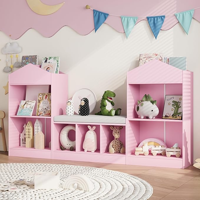 MHOM 68.9“ Kids Bookshelf with Reading Nook, Toy Storage Organizer with Seat Cushion and 7 Storage Cubbies, Wooden Kids Bookcase, Toy Organizers for Nursery, Playroom, Pink