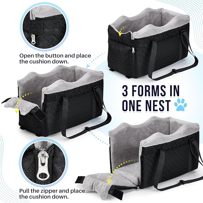 SlowTon Console Dog Car Seat - Portable Center Dog Car Seat for Small Dogs up to 9 lbs, Washable Pet Carseat with Soft Cushion Safe Protection Hooks & Storage Pocket, Black