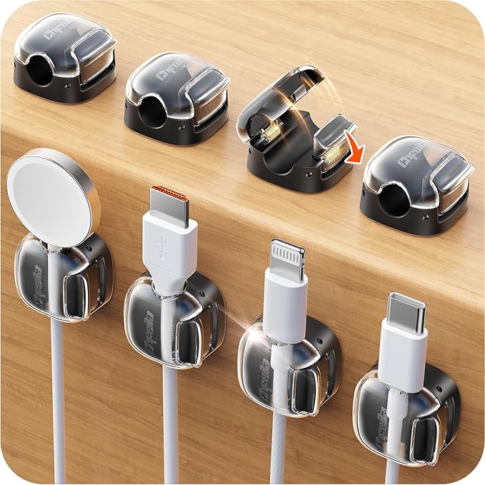 Cable Clips,8 Pack Cord Holder Cord Organizer [1s Lock & Strongest Adhesive] Spring Cord Clips Phone Charger Wire Desk Cable Management Nightstand Home Office School Decor Women Cute Desk Black