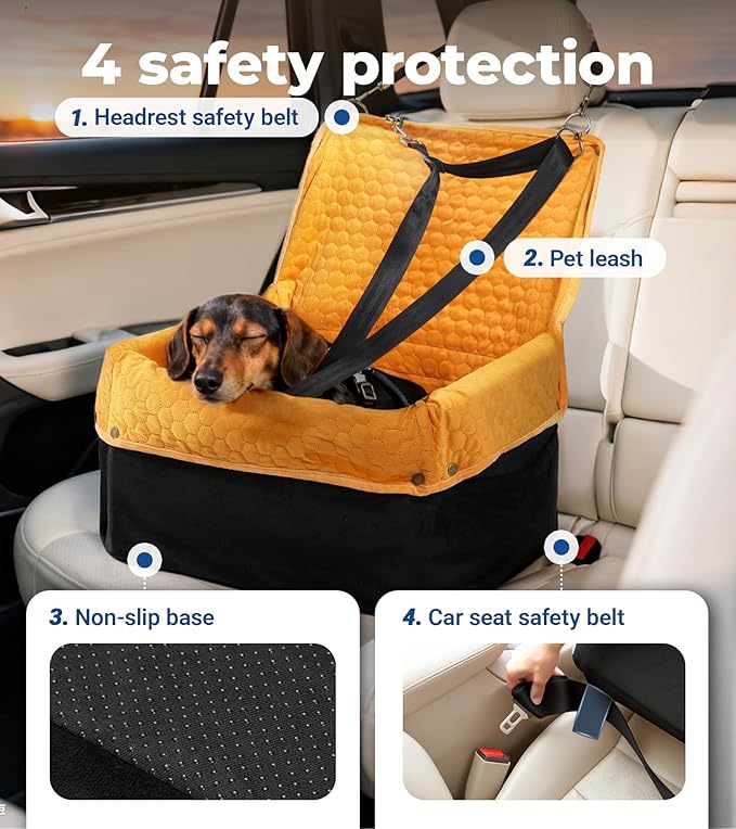 Dog Car Seat for Small Medium Dogs, Travel Pet Car Bed with Removable Waterproof Cover, Memory Foam Dog Booster Seats Up to 35 lbs, Safety Belt and Storage Pocket(Brown)