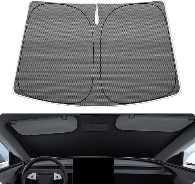 BASENOR 2026-2017 Tesla Model Y Model 3 Windshield Sunshade [Nano Ice Crystal], Folding Front Window Sun Shade, Heat UV Protection for Tesla Accessories