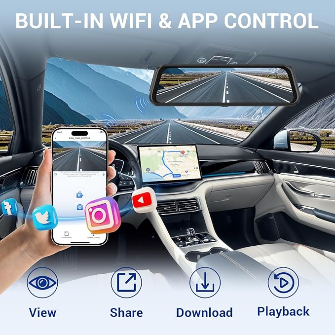 4K Rear View Mirror Camera, 10" Mirror Dash Cam Front and Rear with 64GB Card, Full Touch Screen Dash Cam with 1080P Backup Camera for Car with Reverse Assist,WiFi,APP,Night Vision,Parking Monitor