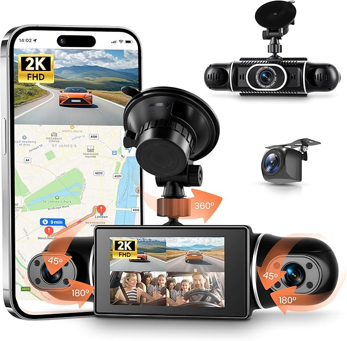 2K Dash Cam 360° View 4 Channel Front and Rear Dash Camera for Cars, 3x1080P, Left Right Dash Camera for Cars, 8 IR Lamps Night Vision, WiFi & APP Control, G-Sensor, 24H Parking Mode