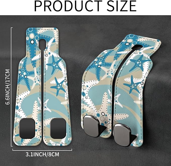 Car Seat Back Storage Headrest Hook, Premium Leather Double Metal Hook, Hanger Storage Organizer for Purse Cloth Bag, Car Interior Accessories Cute Blue Seastar
