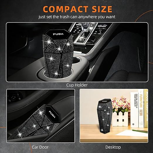 NBTEPEM 2 PCS Bling Car Trash Can with Lid, Bling Car Accessories Trash Bin, Leakproof Auto Garbage Can with 60 Trash Bags, Multipurpose Organizers and Storage for Home, Office (Black Diamond)