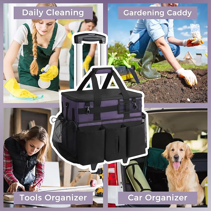 Rolling Cleaning Caddy Bag with Detachable Trolley, Large Cleaning Supplies Organizer with Wheels, Multi Pocket Cleaning Cart with Adjustable Shoulder Strap for Housekeeper & Home, GrapePurple