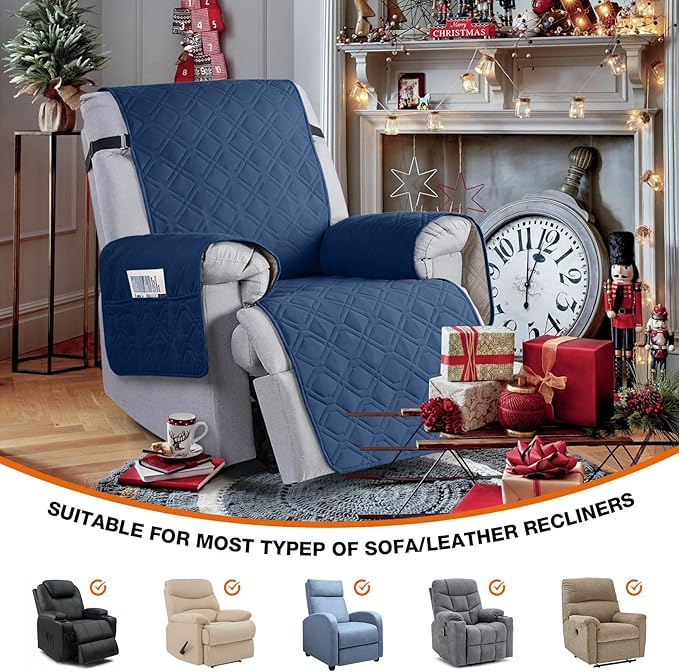 VANSOFY 100% Waterproof Recliner Chair Covers, Recliner Cover Non-Slip Dog Chair Cover Furniture Protector Washable Slipcover with Pocket, Elastic Straps for Pets, Dogs(Ocean Blue, 22")