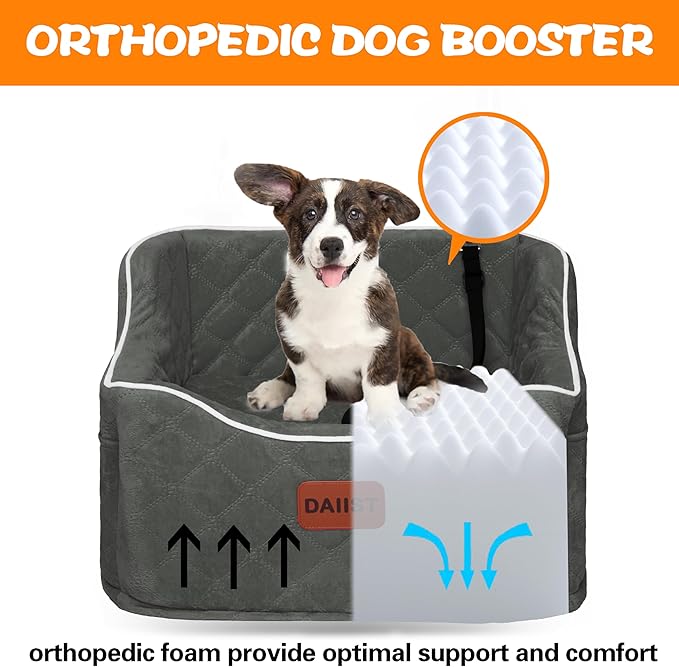 Dog Car Seat for Small Medium Dogs, Detachable Washable Dogs Booster Seat Under 35lbs, Elevated Dog Car Bed with Storage Pockets (Dark Grey, One Size)