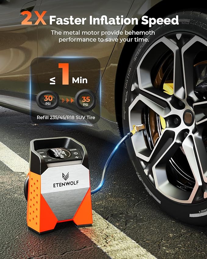 ETENWOLF ZEPHYR S3 Tire Inflator Portable Air Compressor, 1 Min Fast Inflation and 100% Duty Cycle, 160 PSI Air Pump for Cars, SUVs, Bikes, Balls (Vivid Orange)