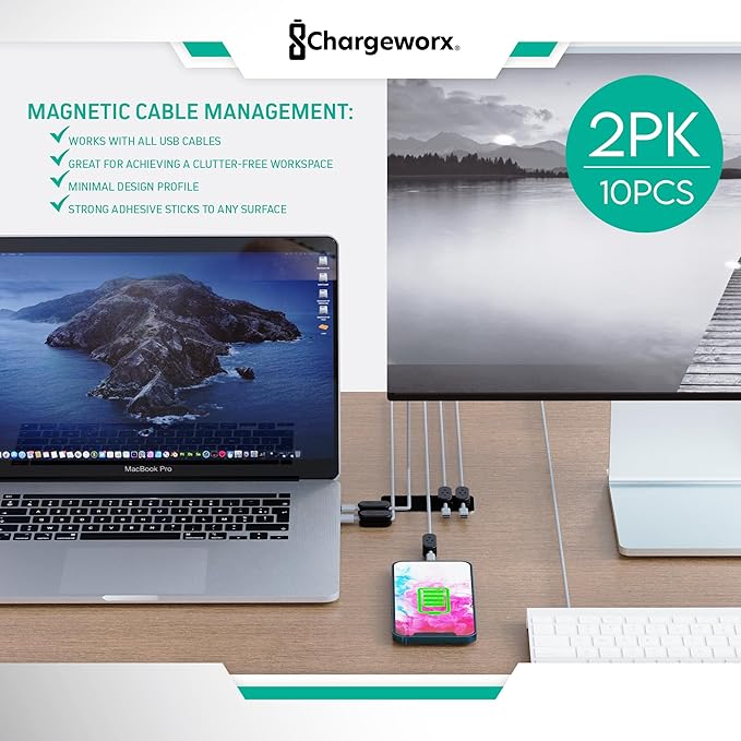 CHARGEWORX Magnetic Cable Clips 10-Pack – Adhesive Cord Organizer for Desk, Wall, Nightstand & Car – Magnetic Cable Holder for USB-C, Lightning, HDMI & Charging Cables – Cable Management Clips